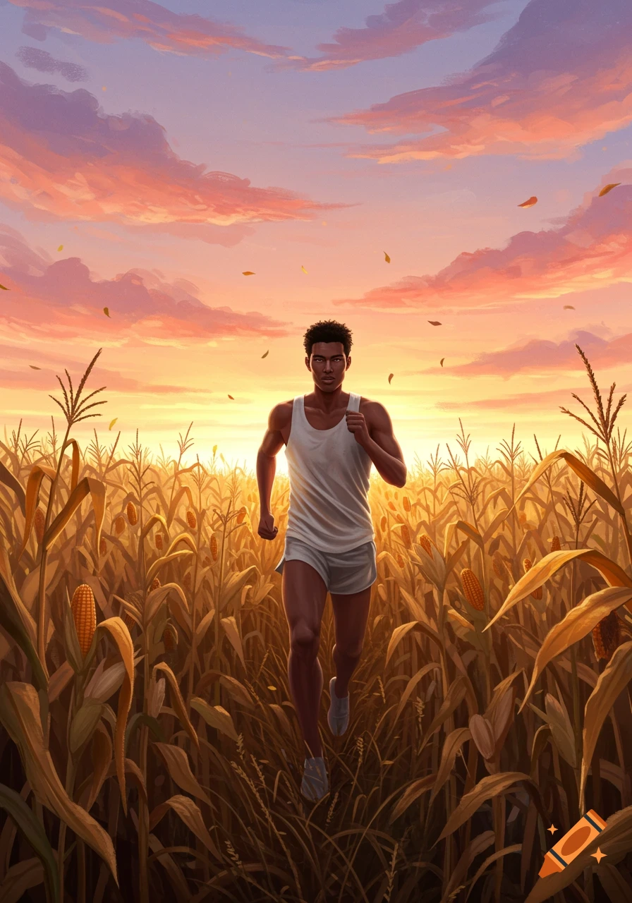 An Afro-Asian man runs through a tall cornfield at sunset, with an orange and purple sky.