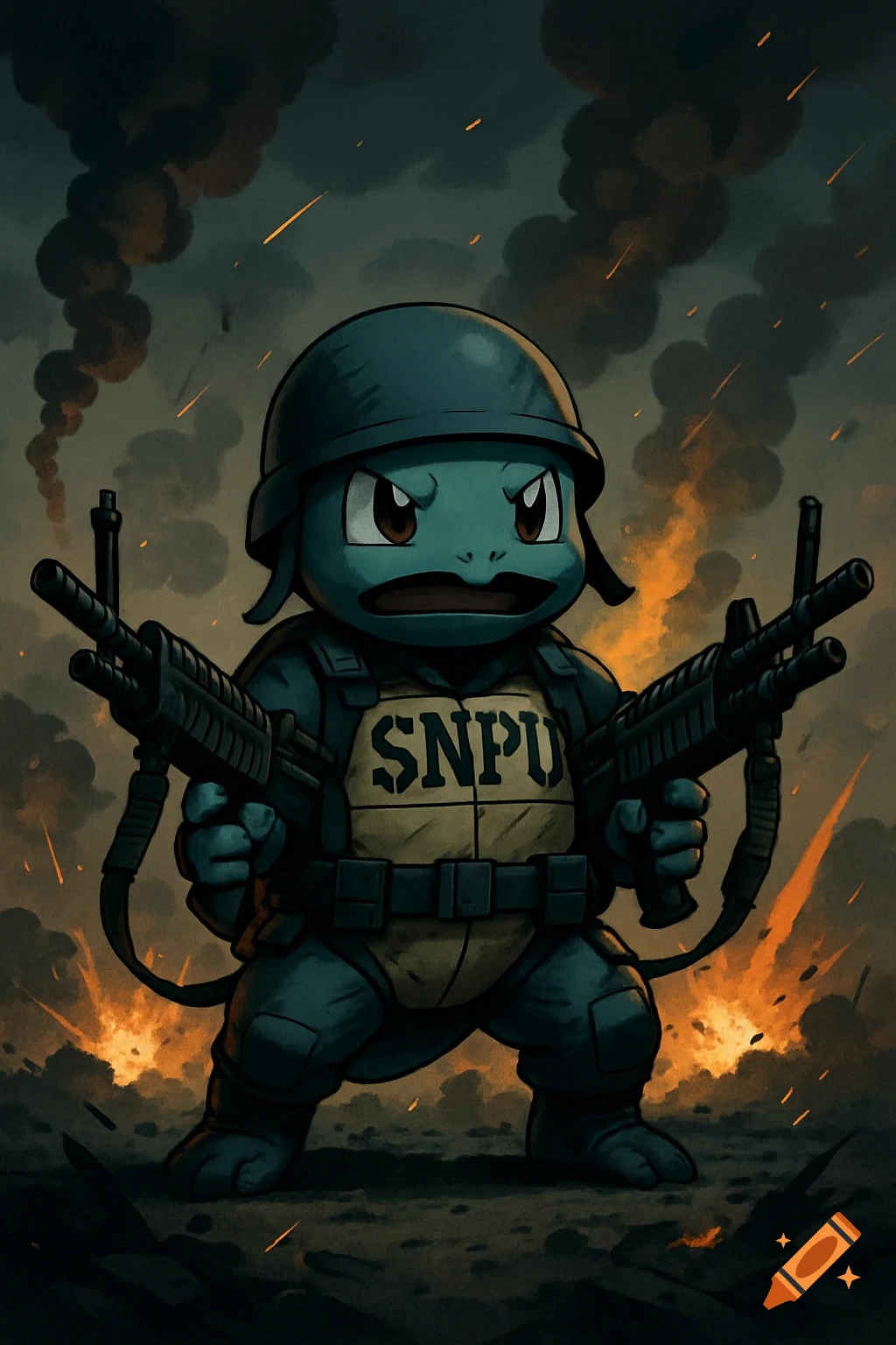 A military-style cartoon depiction of Squirtle holding two machine guns in a combat zone.