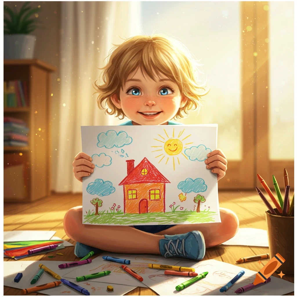 A smiling child with blonde hair holds up a colorful drawing of a house and sun, sitting on a wooden floor surrounded by crayons.
