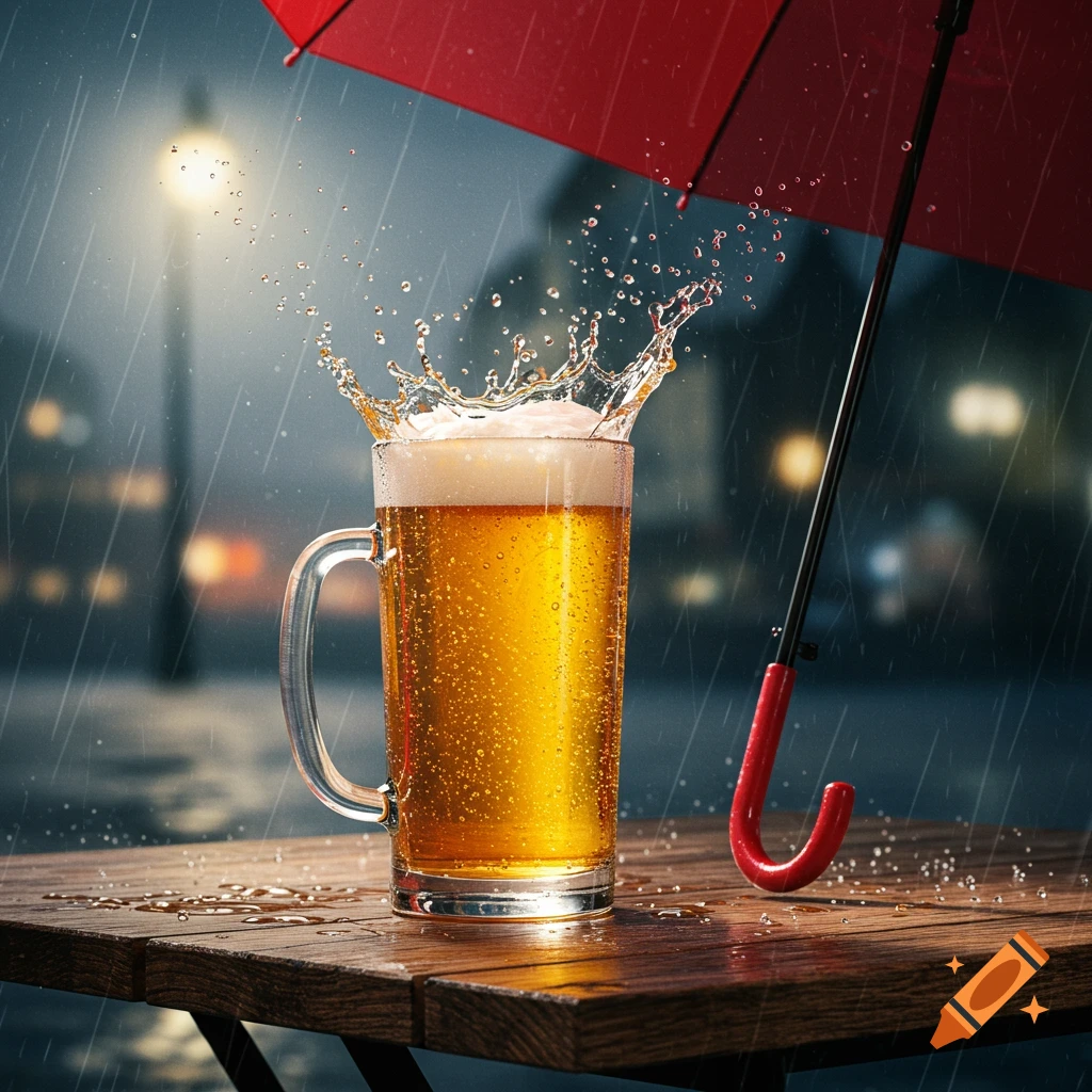 A photorealistic image of a beer mug with splashing liquid on a wooden table in the rain, with a red umbrella nearby.