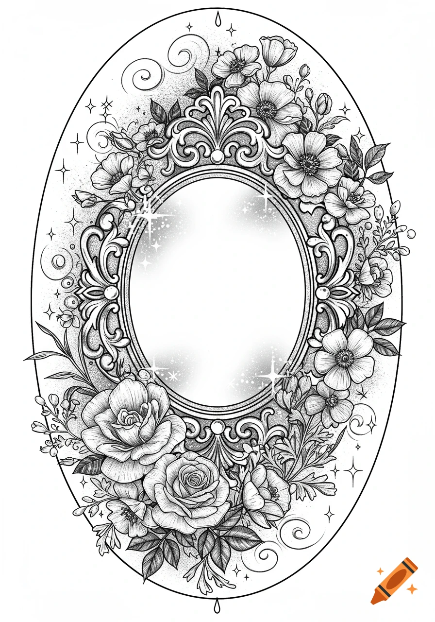 An ornate oval mirror frame with gothic fairytale castle details, surrounded by lush roses, wildflowers, vines, and sparkling magical swirls in a black and white tattoo style.