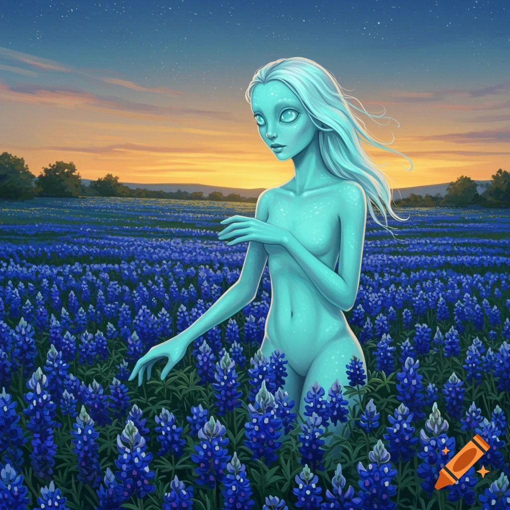 A slender, blue-skinned alien girl with white hair stands in a field of purple bluebonnet flowers at sunset.