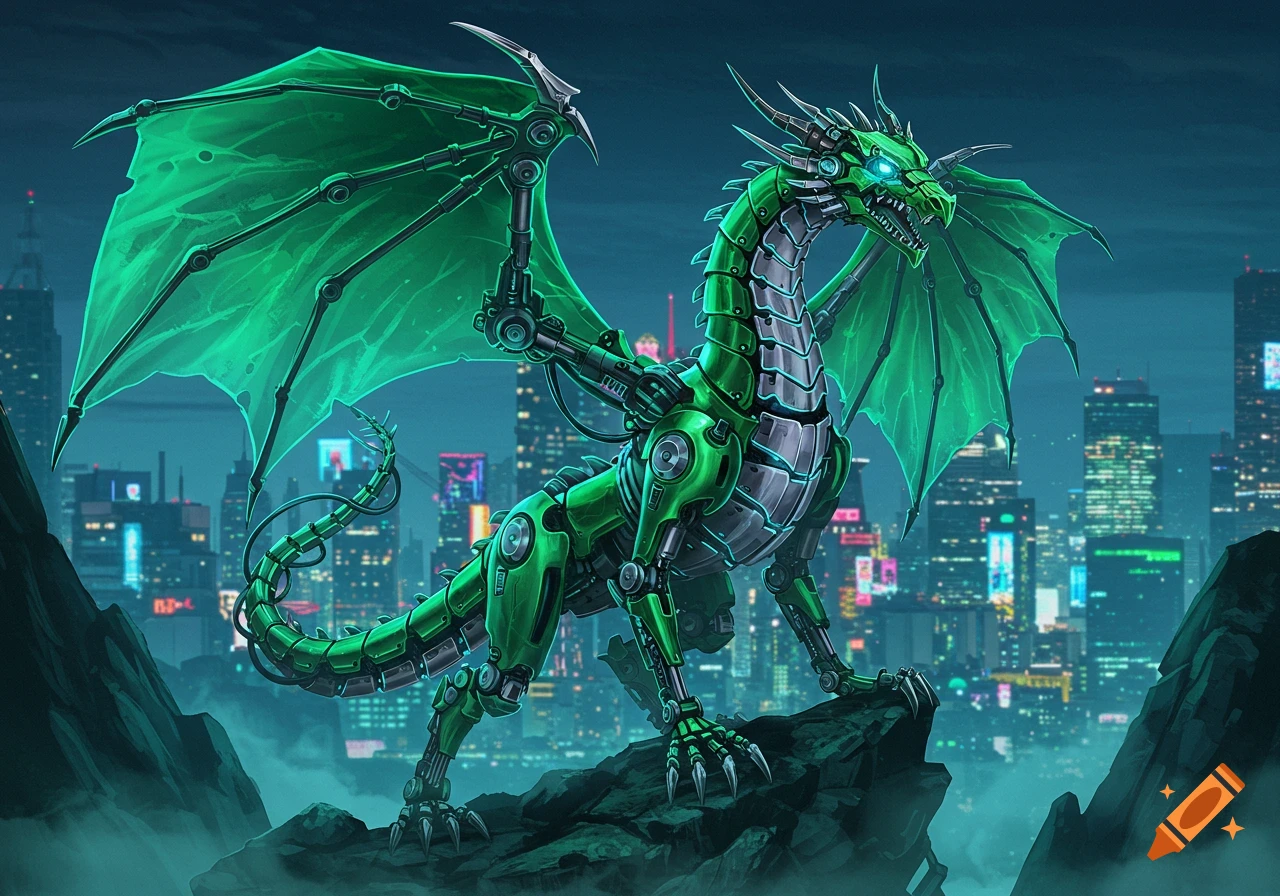 A majestic green robotic dragon with glowing eyes stands on rocky terrain, overlooking a futuristic city skyline at dusk.