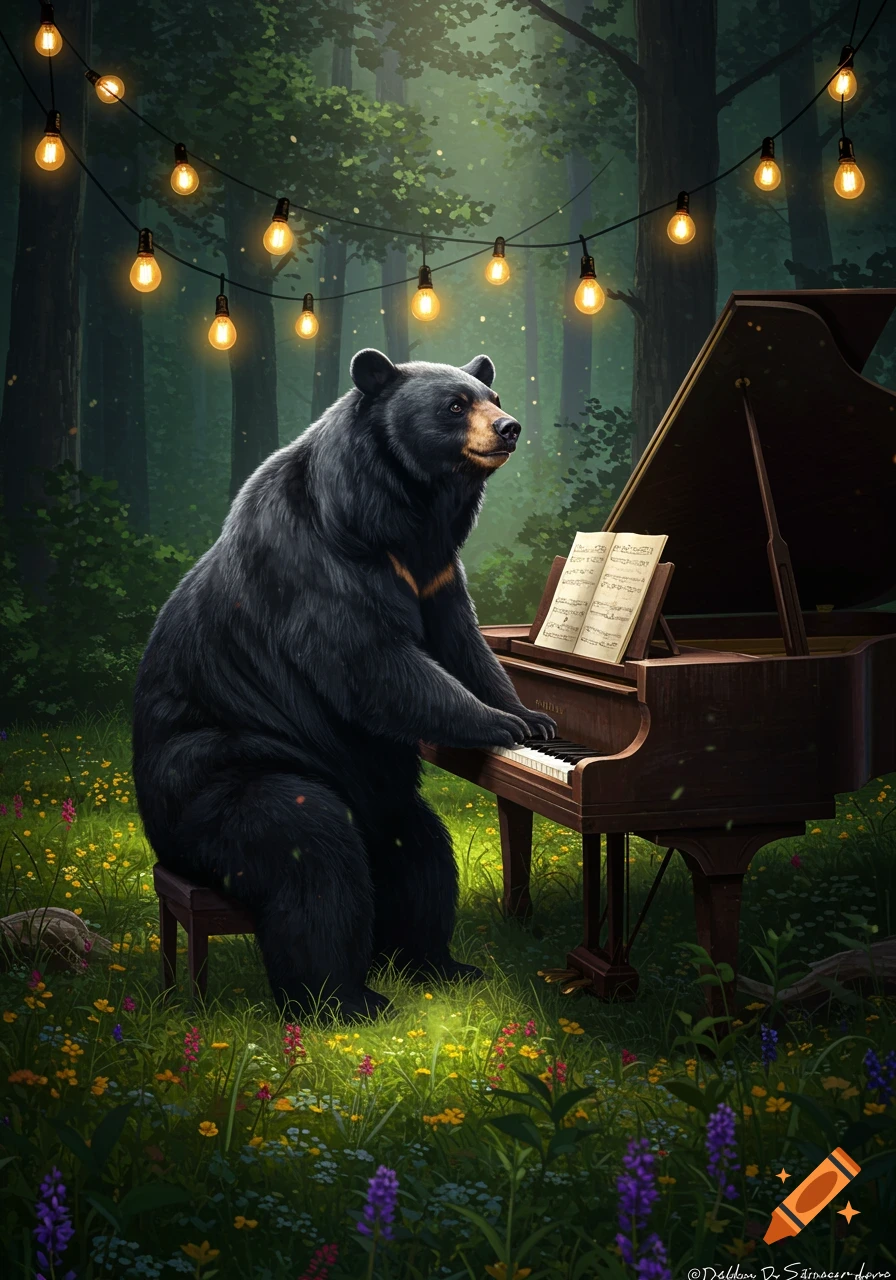 A black bear plays a grand piano in a lush green forest, illuminated by string lights hanging from the trees.
