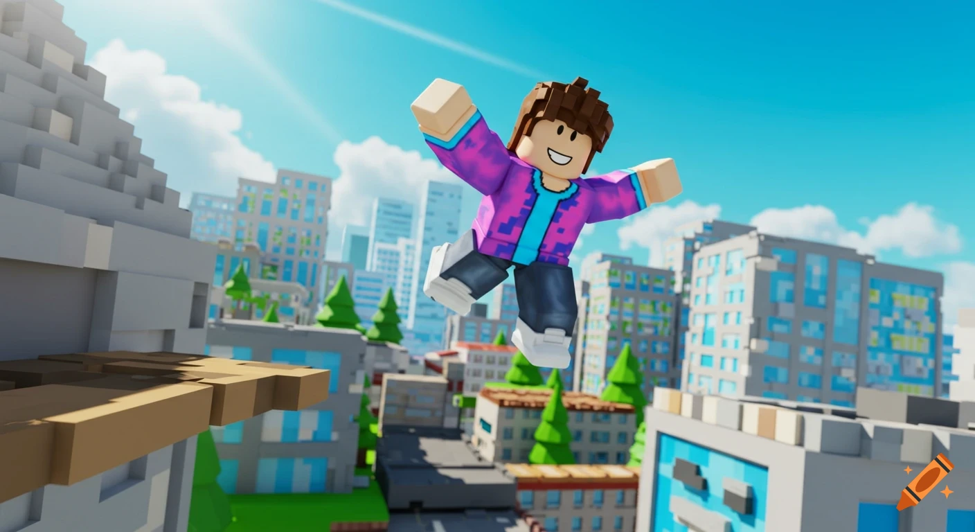A blocky Roblox character in a purple and blue jacket jumps from a city building ledge, with a vibrant blue sky and blocky city in the background.