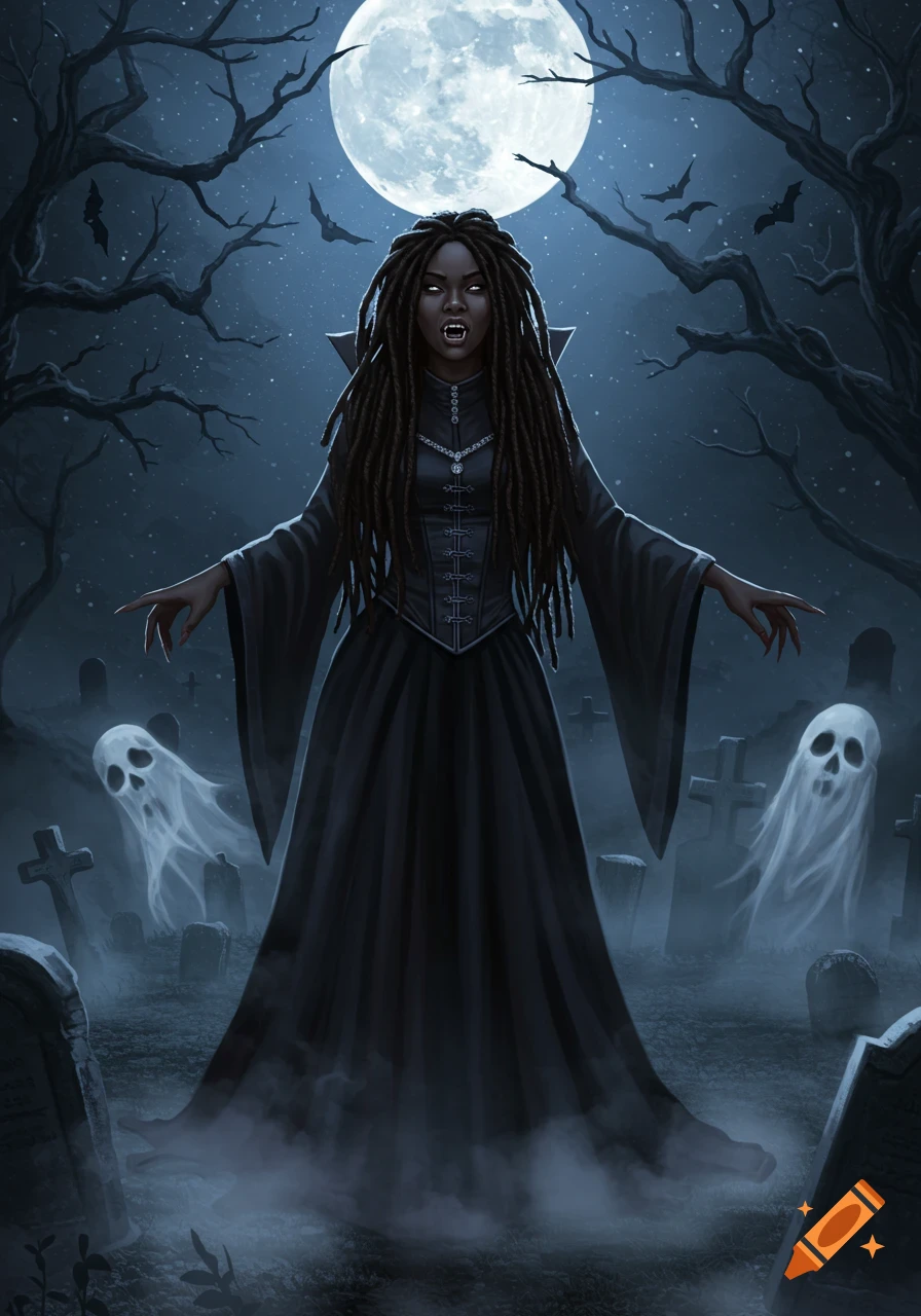 A Black female vampire with locs stands stoically, fangs showing, in an ancient graveyard under a full moon with swirling fog and skeletal trees.
