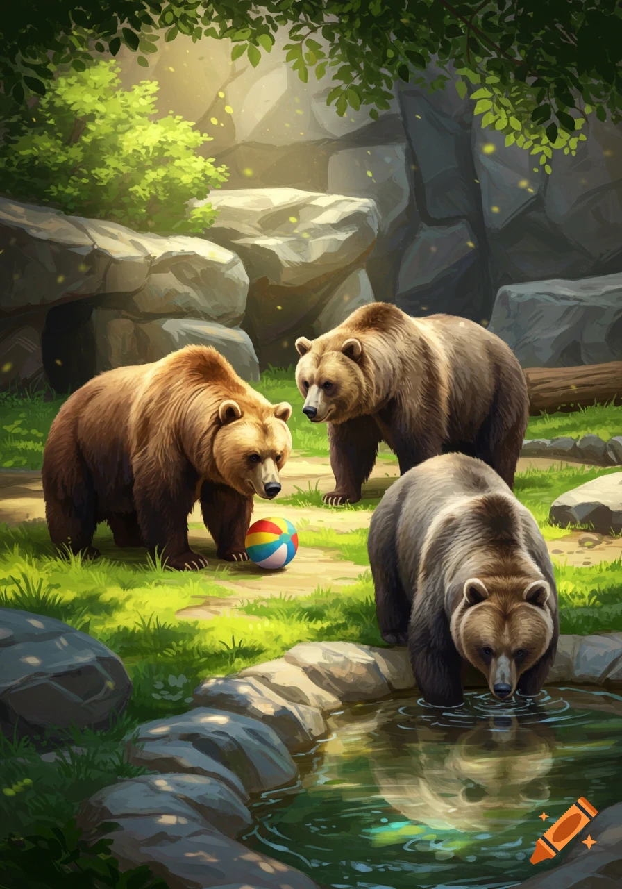Three brown bears in a sunny zoo enclosure: one playing with a beach ball, one standing, and one drinking from a pond. Illustrated.