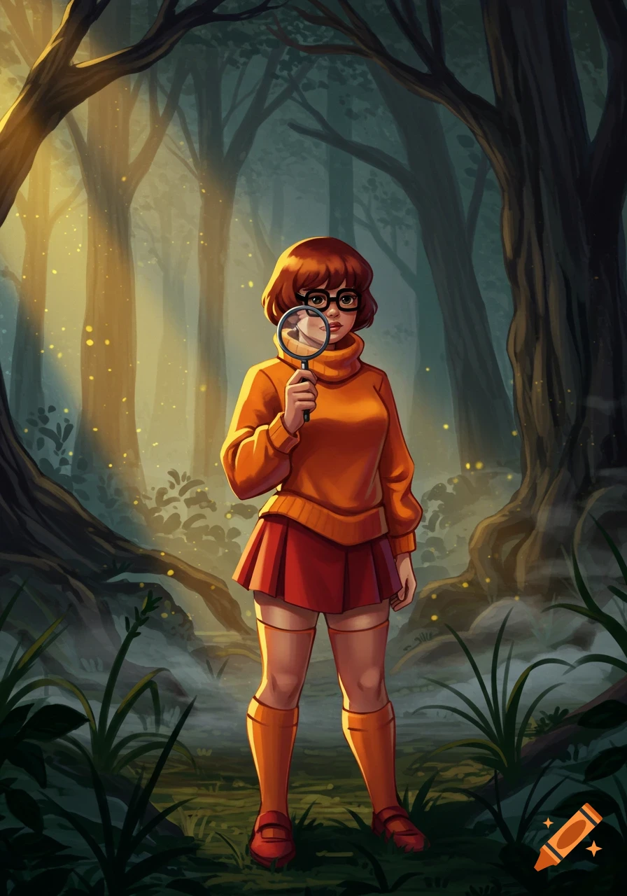 Illustrated image of Velma Dinkley in an orange sweater and red skirt, holding a magnifying glass in a mysterious forest.