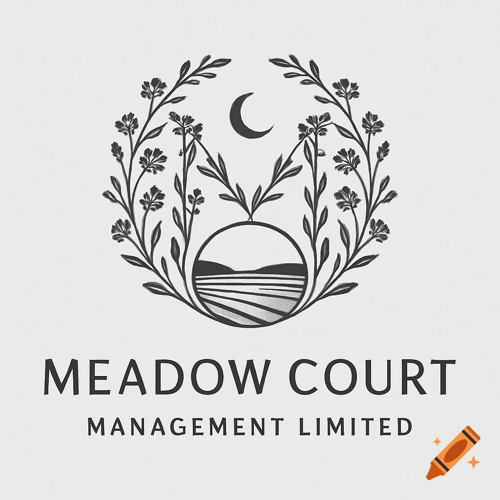 A monochrome logo featuring a crescent moon and a circular landscape design with fields, framed by botanical branches. Below the emblem, the text reads "MEADOW COURT MANAGEMENT LIMITED."