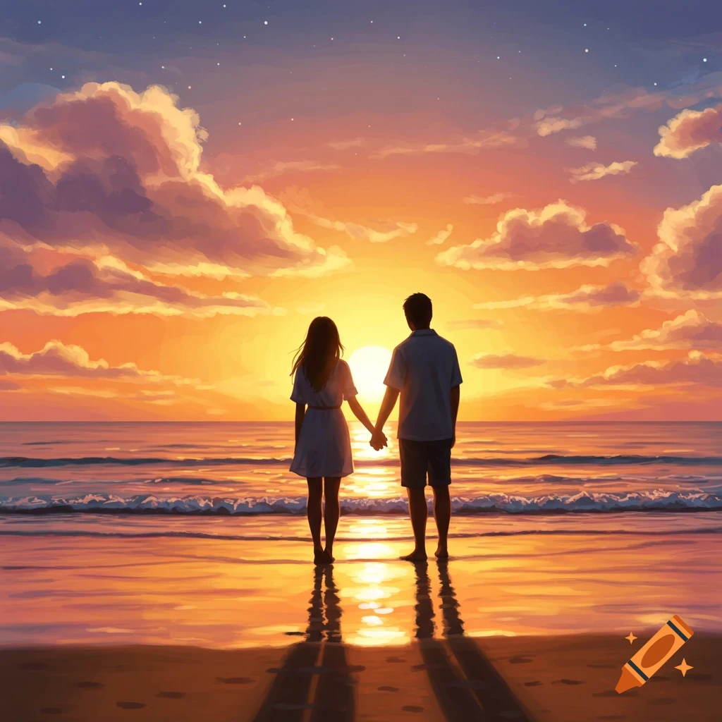 A couple holds hands on a beach, silhouetted against a vibrant orange and purple sunset over the ocean in a digital painting style.