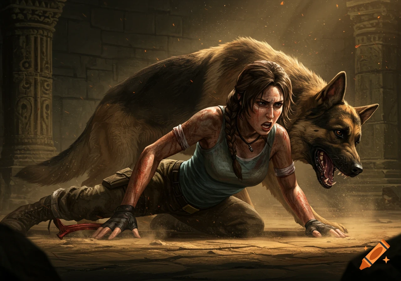 Lara Croft, bruised, on ground with snarling German Shepherd in ancient ruins, digital painting style.