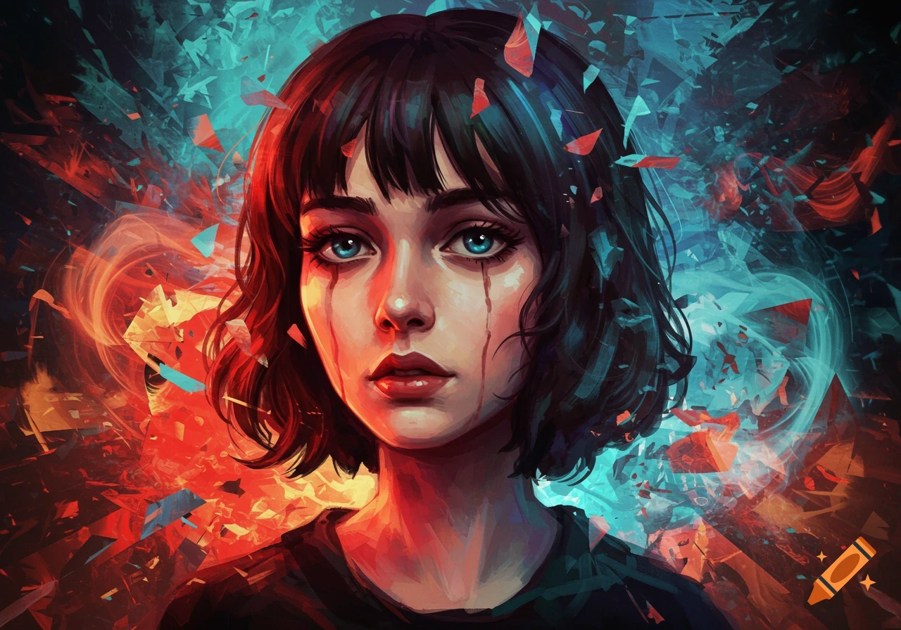 A stylized portrait of a woman with short dark hair, blue eyes, and red streaks under her eyes, against a vibrant abstract background.