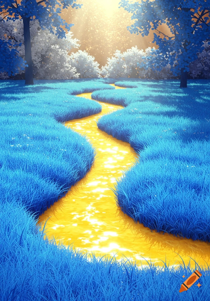 Vibrant fantasy landscape with bright blue grass, a glowing yellow winding river, blue trees, and a radiant golden sky.