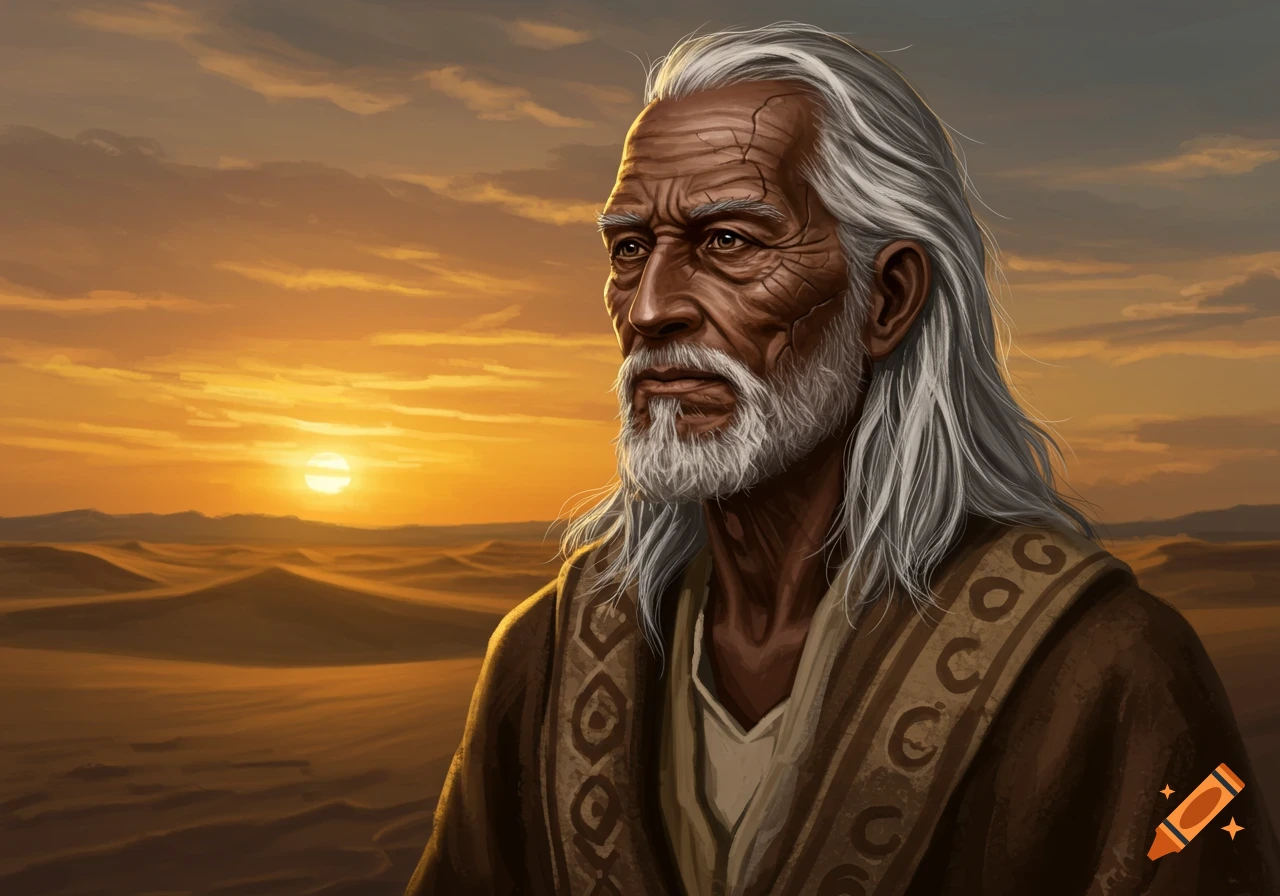 Digital painting of an elderly man with long white hair and a beard, looking left in a desert at sunset.
