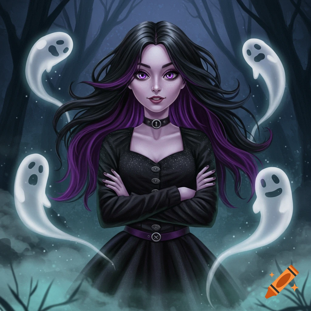 A stylized illustration of a goth girl with black and purple hair, purple eyes, and a choker, with four cute ghosts floating around her in a dark forest.