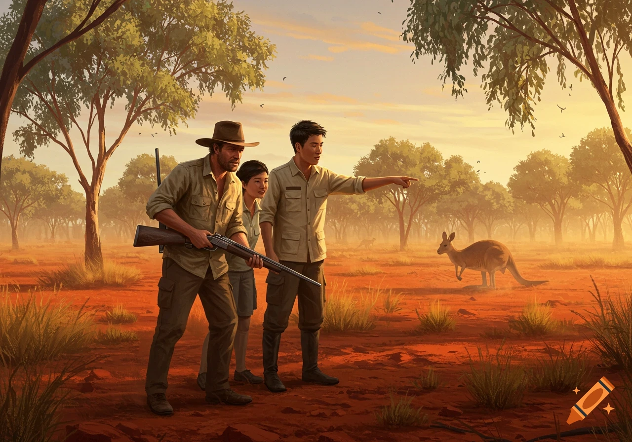 Two men and a child in the Australian outback, one holding a rifle, another pointing at a kangaroo in the hazy distance. Illustrated style.