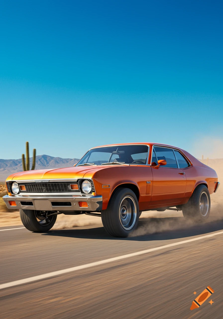 An orange 1973 Chevrolet Nova, kicking up dust, drives down a desert highway under a clear blue sky, with cacti and mountains in the background. Photorealistic style.