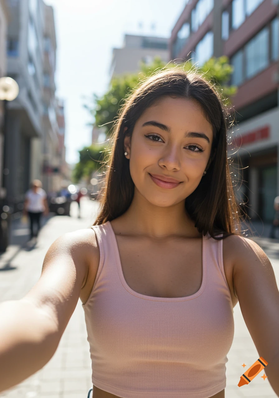 A young woman in a pink crop top taking a selfie on a sunny city street.
