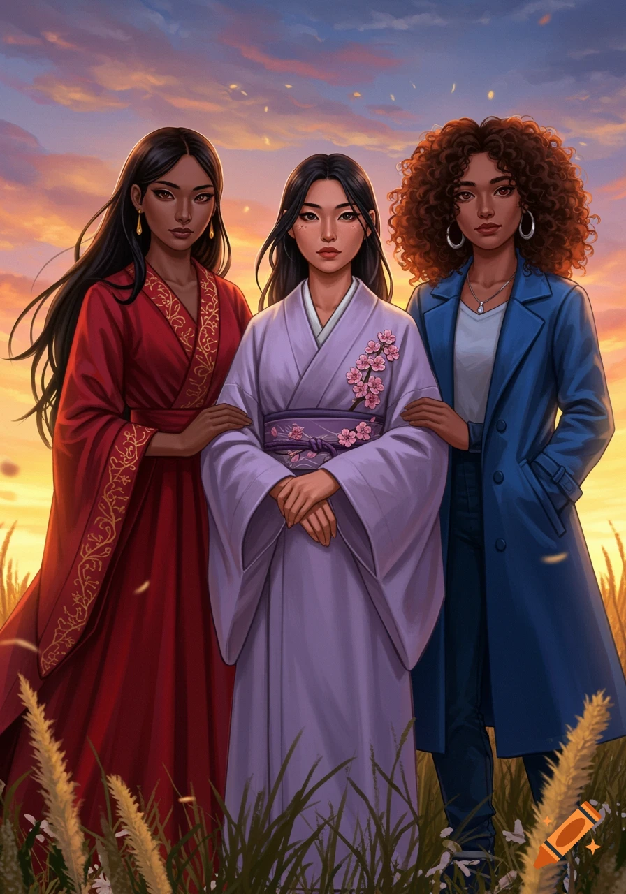 Three women of diverse ethnicities in traditional and modern clothing stand together in a field at sunset, digital art style.