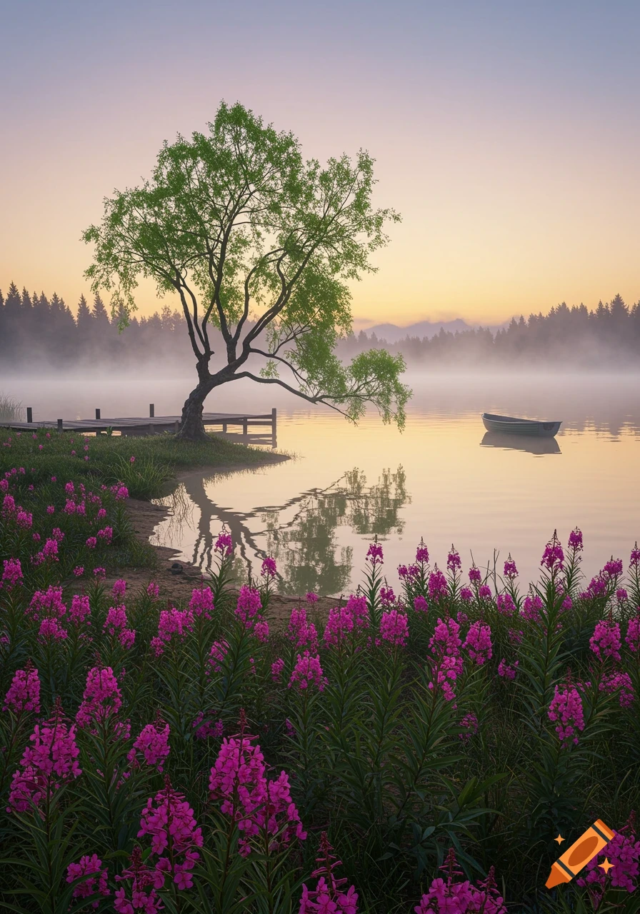 A misty morning landscape with a lone tree by a lake, a small boat on the water, and vibrant pink flowers in the foreground.