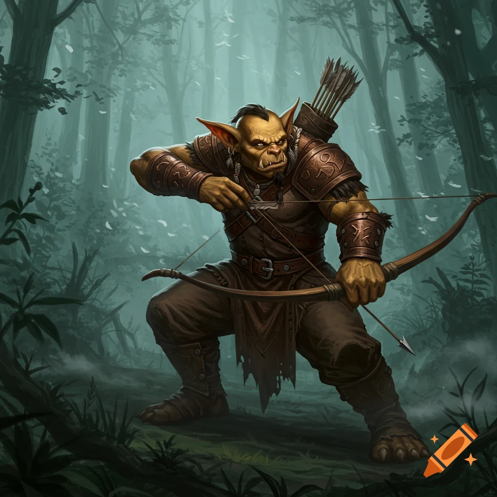 A green-skinned fantasy creature in leather armor holds a bow and arrow, aiming in a misty forest.