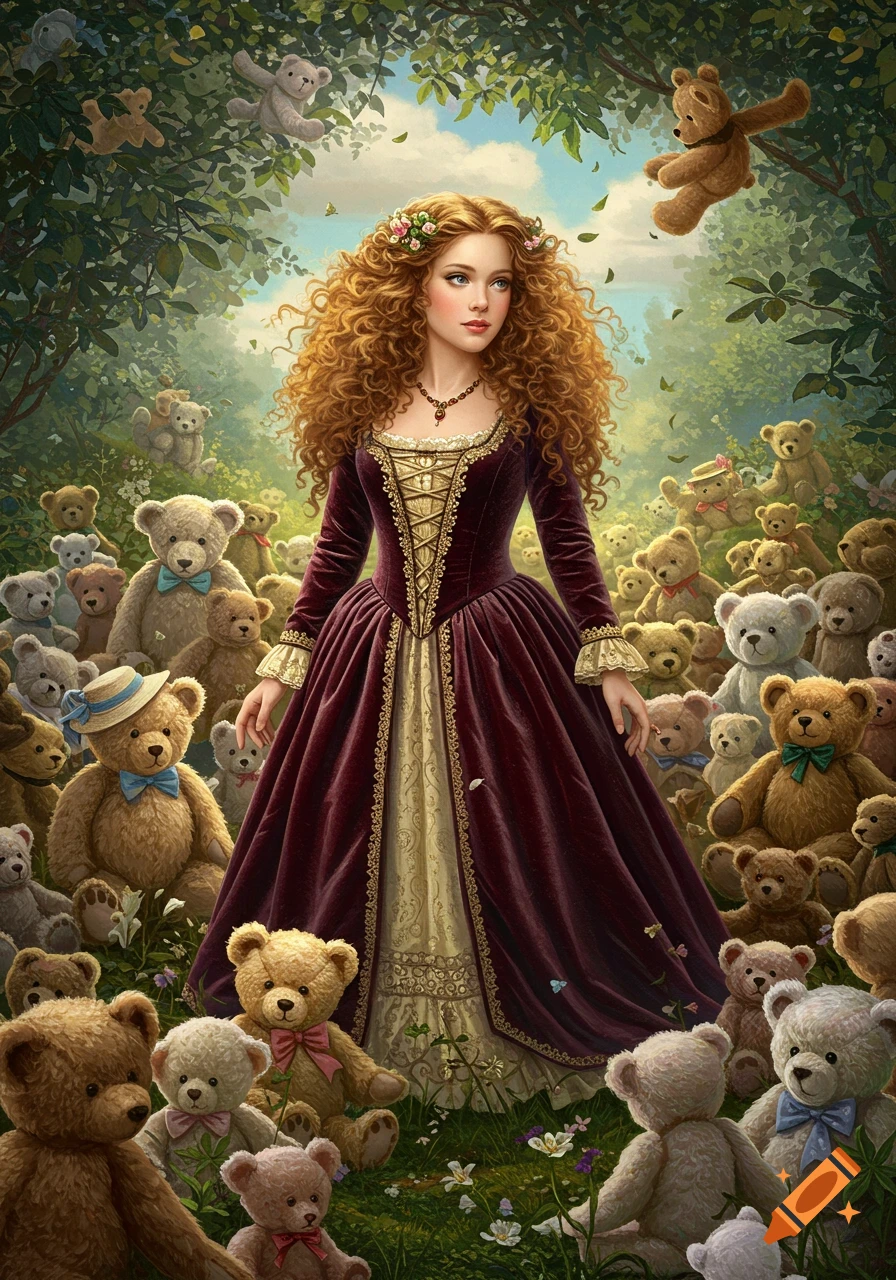 A red-haired lady in a historical gown stands amidst many teddy bears in a sunlit forest, a detailed fantasy illustration.