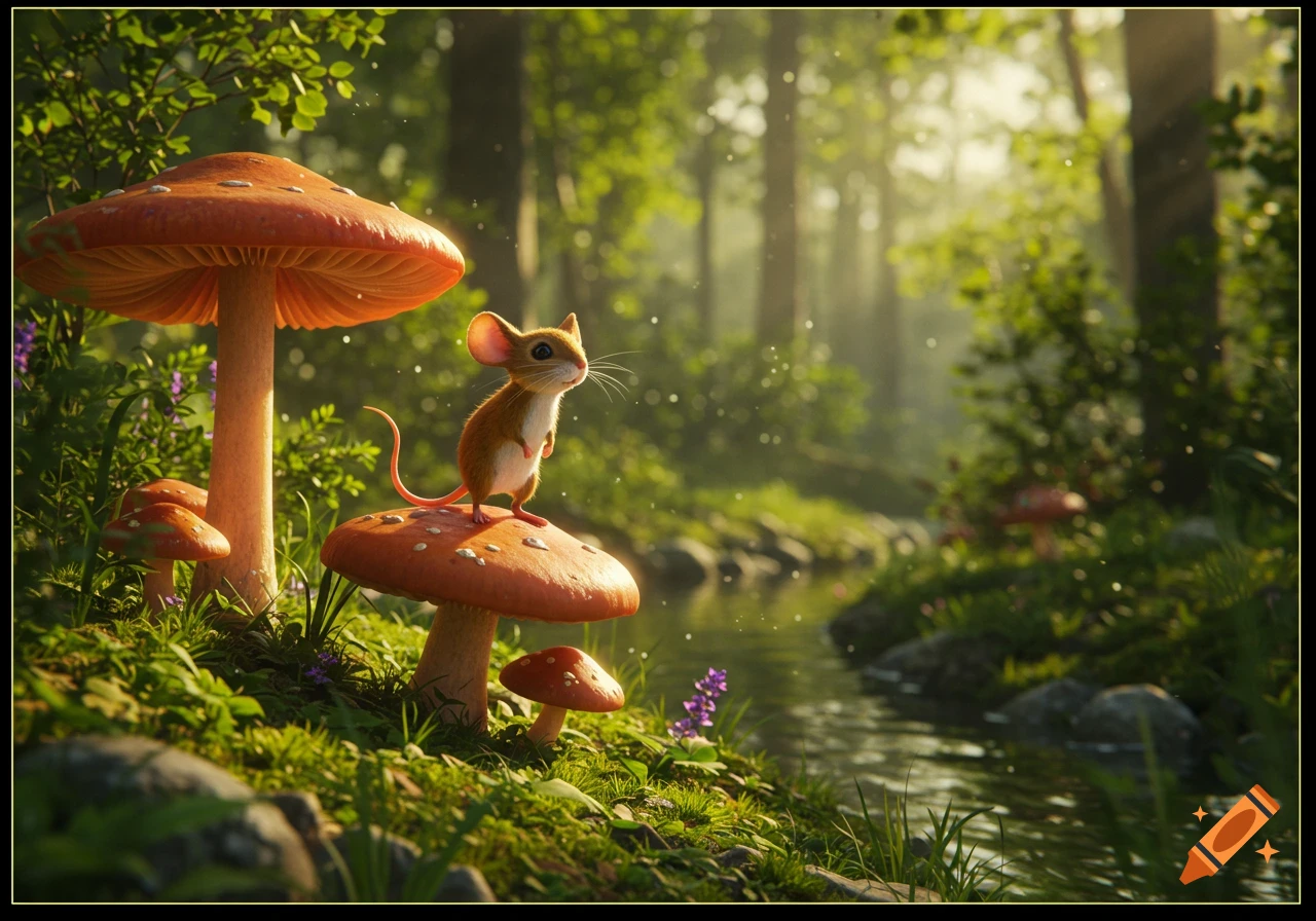 A cute brown mouse stands on a large orange mushroom in a sunlit, vibrant green forest next to a stream.