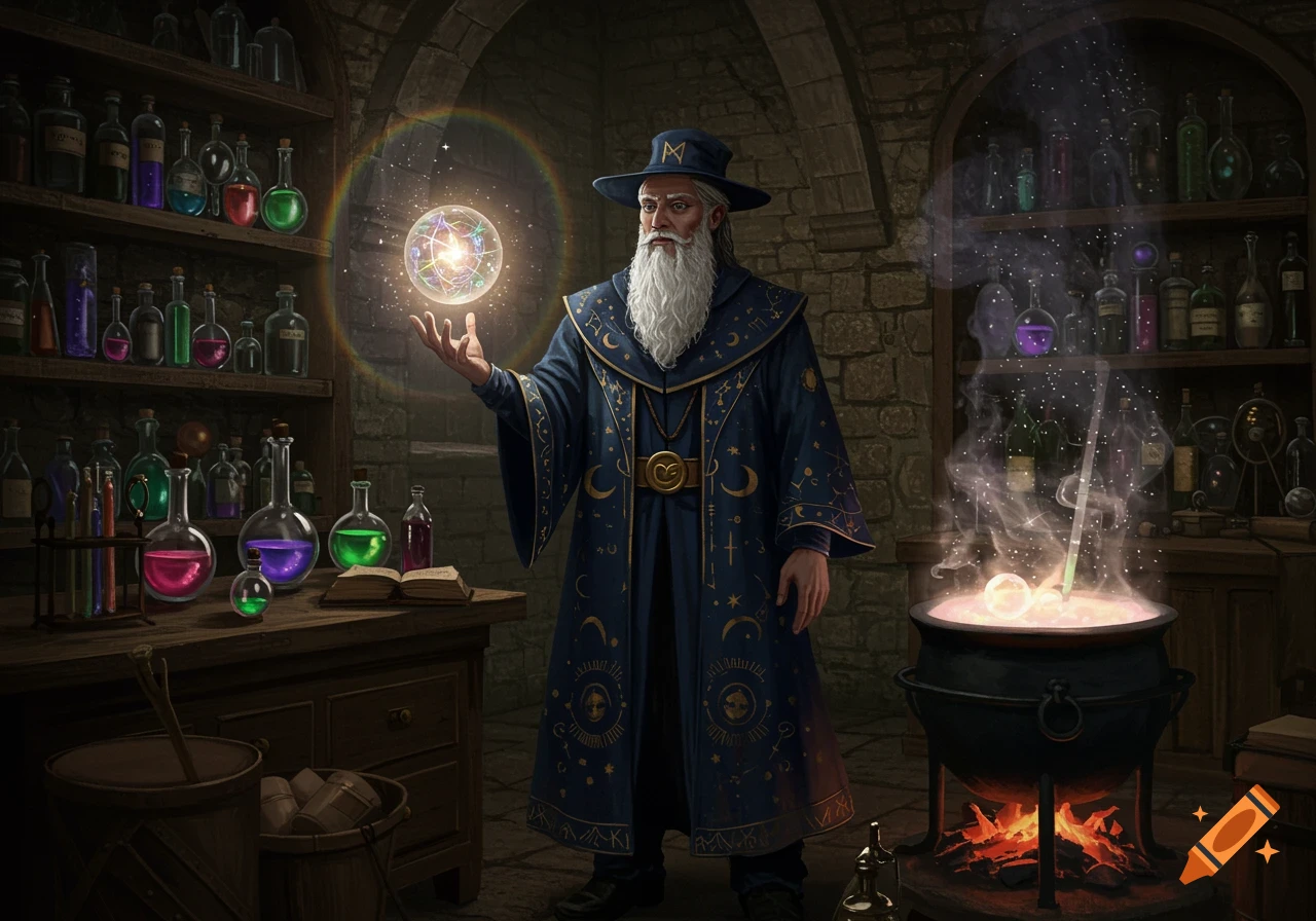 A wizard with a long white beard in a blue robe holds a glowing orb in an alchemy lab with potions and a bubbling cauldron.