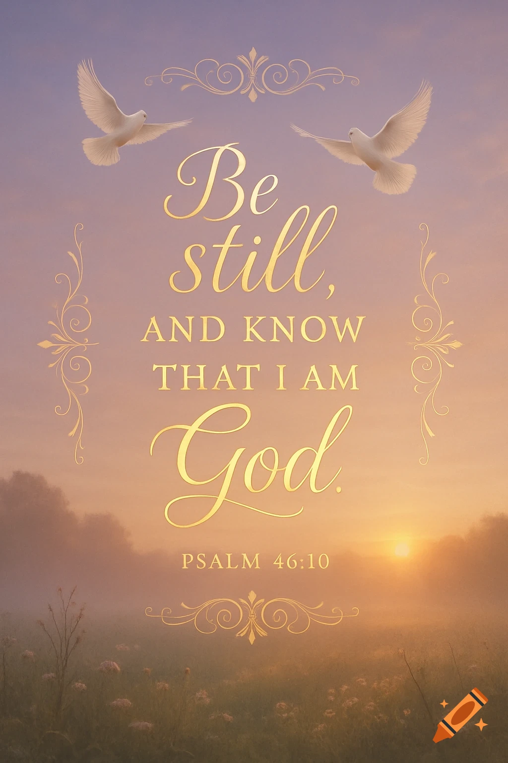 Golden text of Psalm 46:10, 'Be still, and know that I am God,' against a misty sunrise landscape with two white doves flying.
