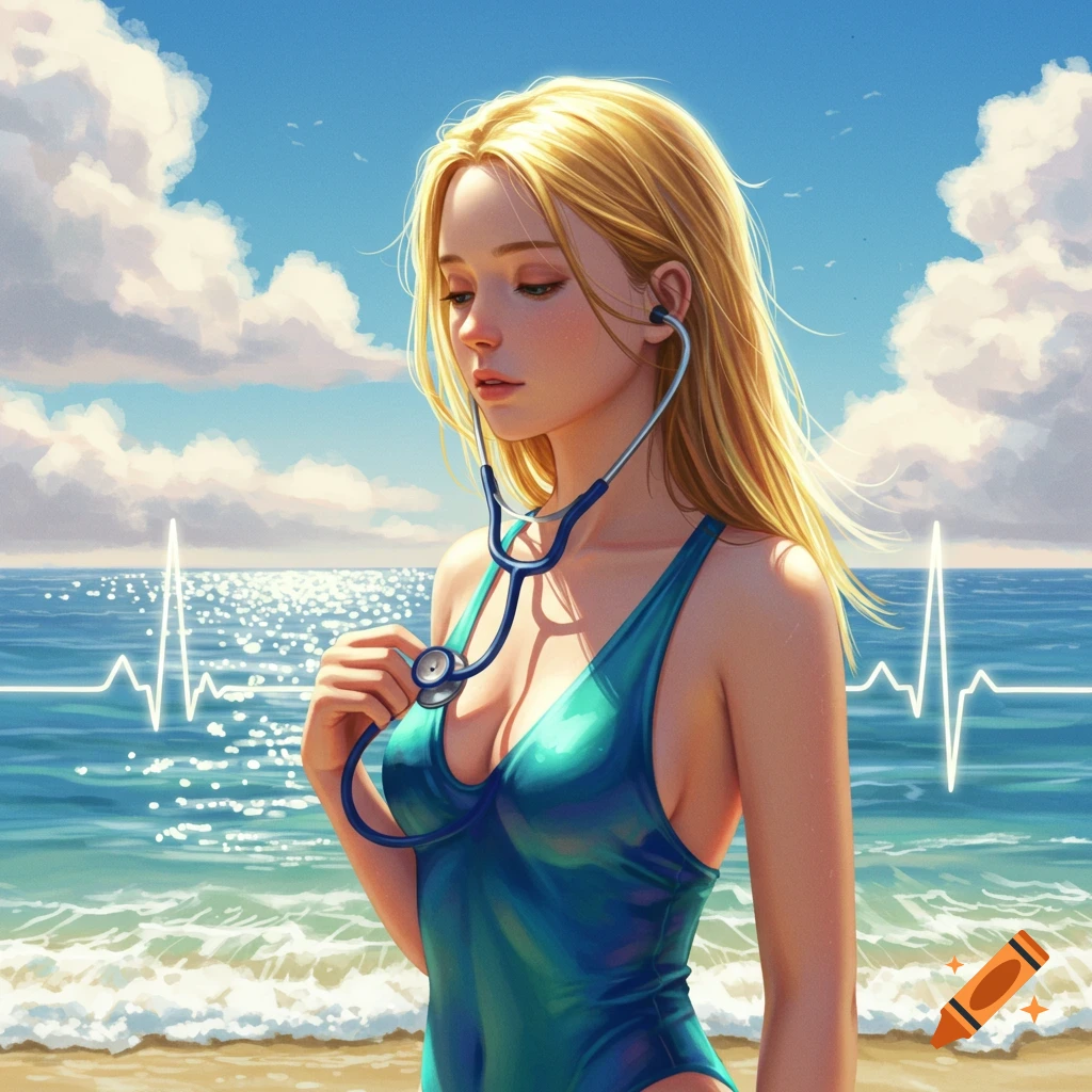 A young woman with blonde hair in a blue swimsuit stands on a beach, holding a stethoscope to her chest, with an ECG line overlayed on the ocean.
