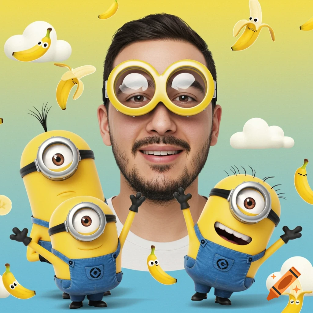 A man wearing yellow Minion goggles smiles, surrounded by cartoon Minions, bananas with googly eyes, and banana-shaped clouds on a colorful background.