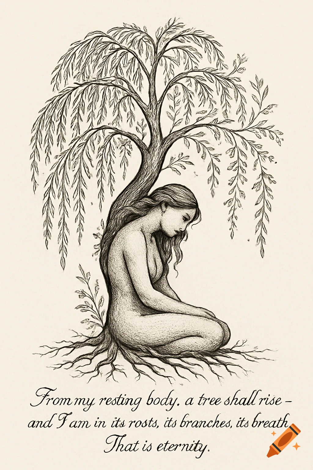 Fine-line drawing of a woman whose body transforms into the trunk of a weeping willow tree, with roots spreading.