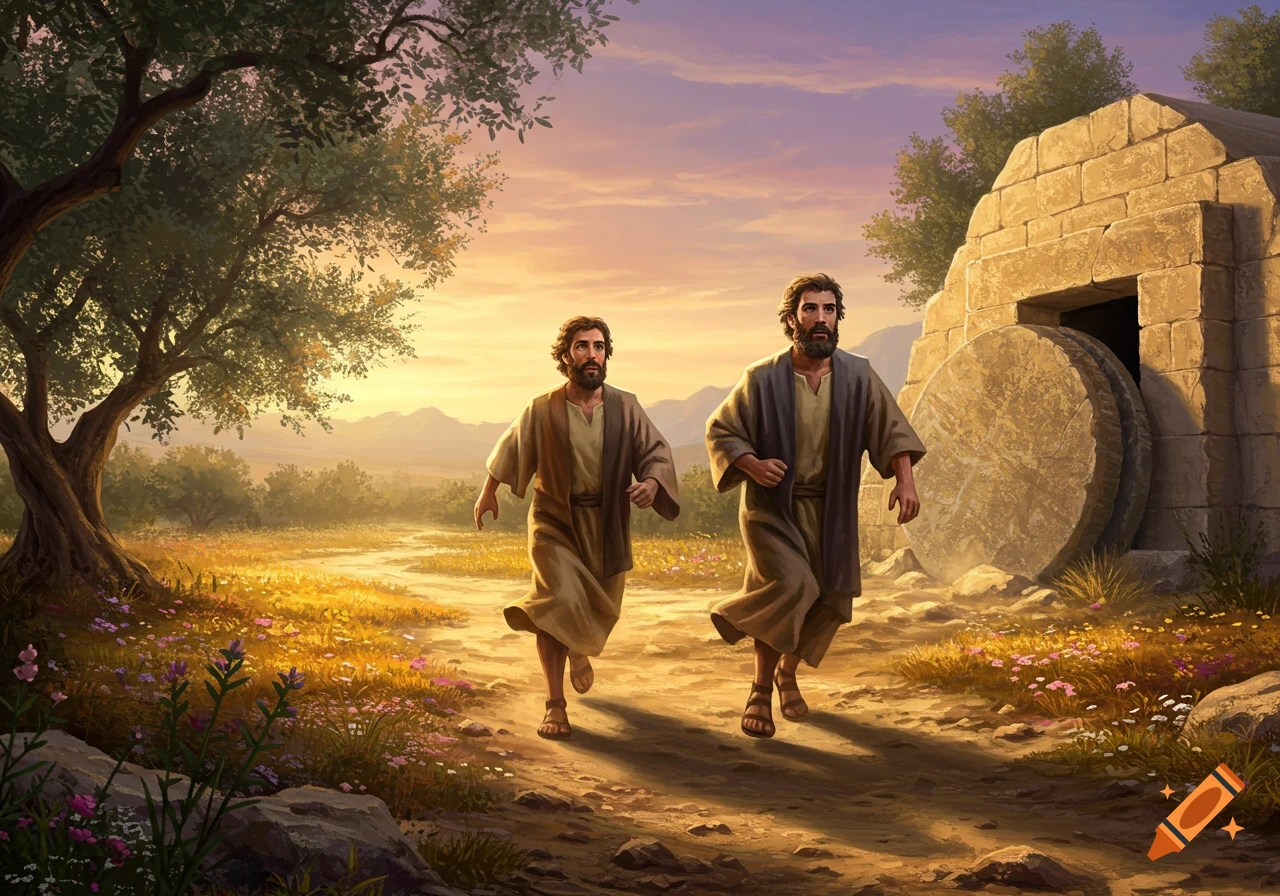 Two men run towards an open, empty stone tomb under a vibrant sunrise sky, with a large tree to the left.