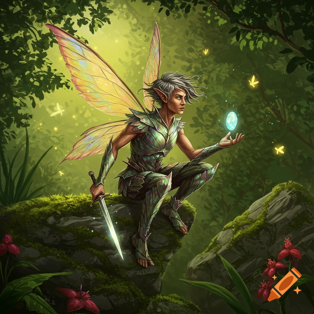 A male fairy with grey hair and green leafy armor squats on a mossy rock in a forest, holding a sword and a glowing blue orb.