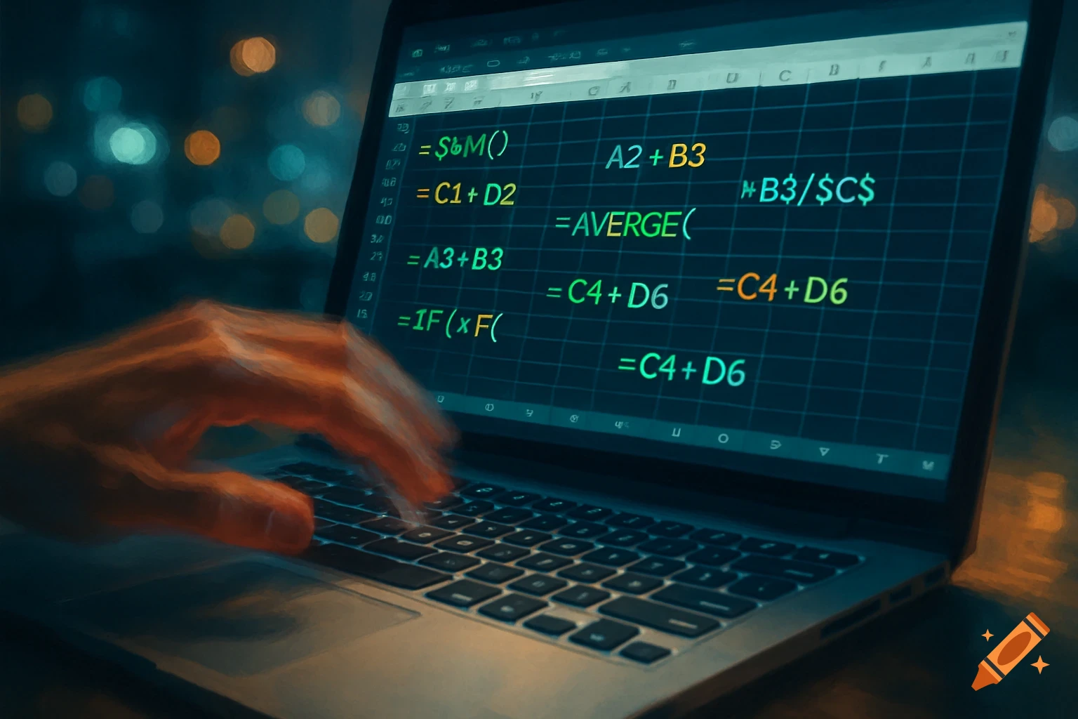 A close-up shot of a person's hand with motion blur, typing on a laptop keyboard. The laptop screen displays what appears to be Excel formulas and a grid background.