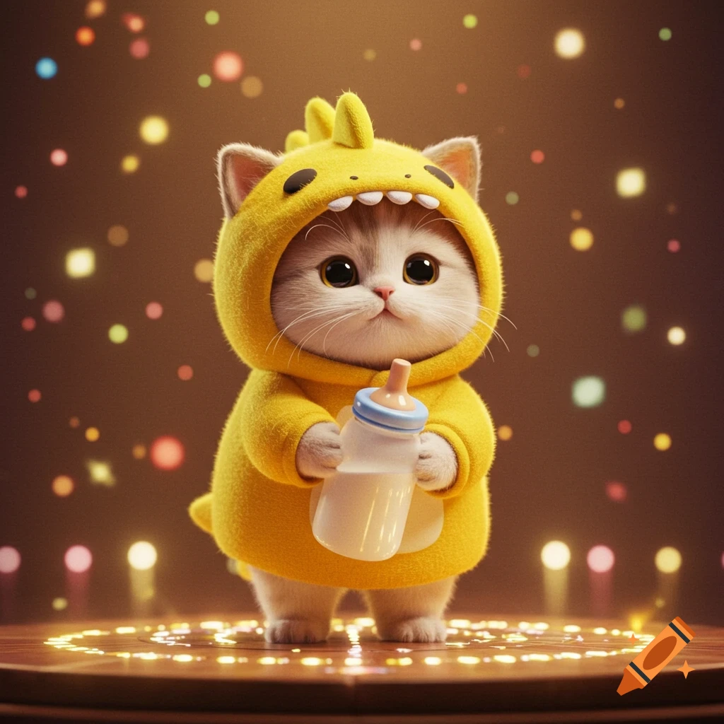 Cute fluffy kitten in a yellow dinosaur hoodie holding a milk bottle on a shiny stage with glowing lights.