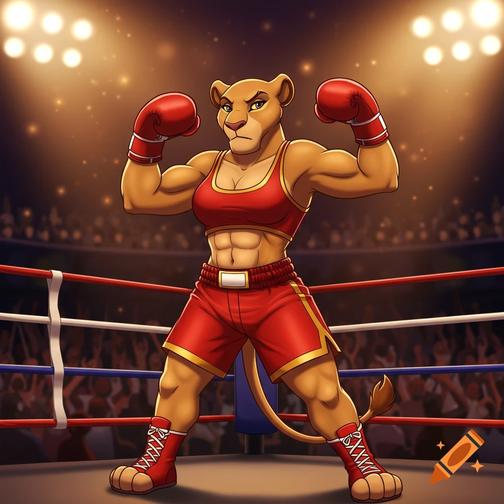 An anthropomorphic lioness boxer in red attire flexing her muscles in a boxing ring, in 2D Disney animation style.