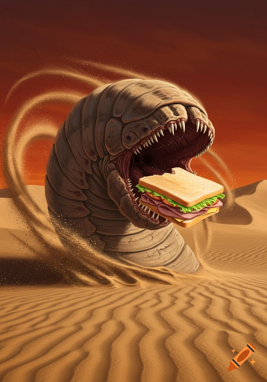 A colossal Dune sandworm erupts from desert sands, its cavernous mouth wide open, about to devour a large sandwich.