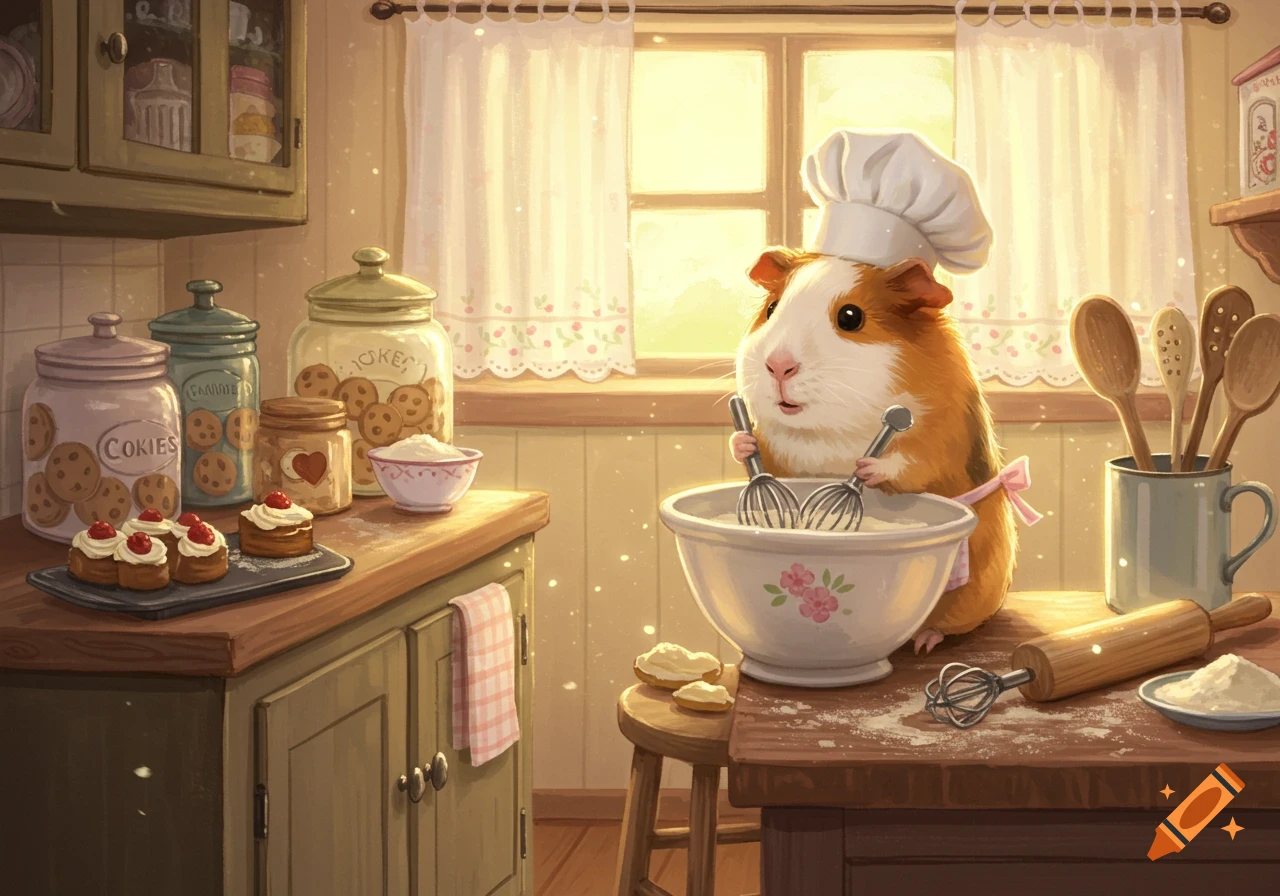 A cute guinea pig wearing a chef's hat bakes in a cozy kitchen, whisking ingredients in a bowl on a wooden table. Cartoon illustration.