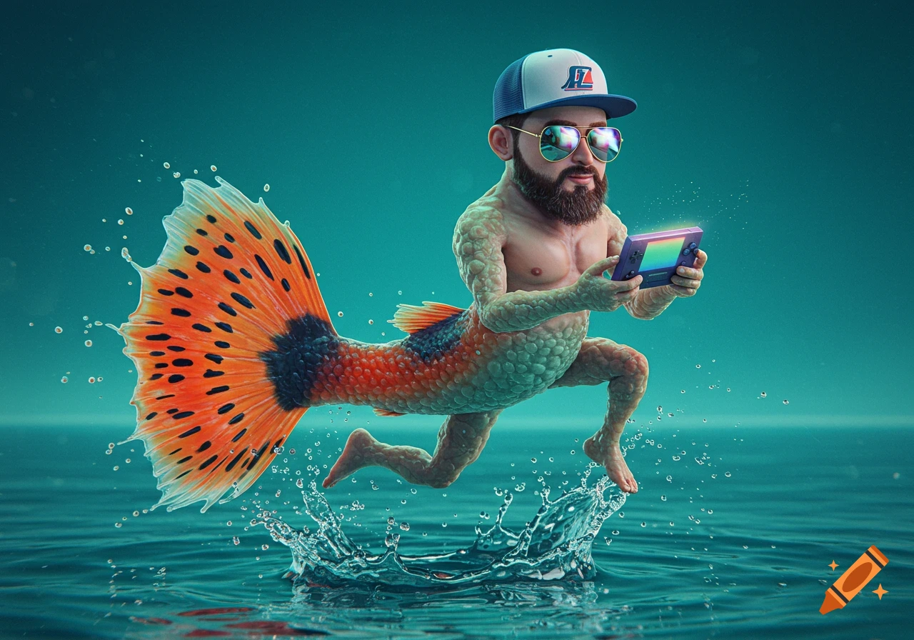 A bearded merman-like creature with a large orange guppy tail jumps out of water, wearing a baseball cap and sunglasses while playing a video game.