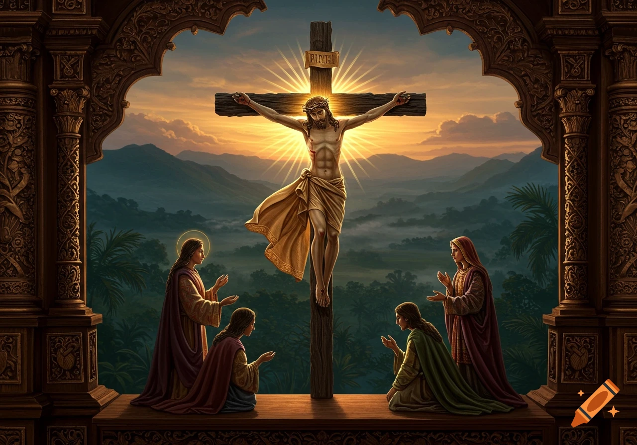 Jesus Christ crucified on a cross with a halo, surrounded by grieving figures, framed by ornate arches against a mountain sunset.