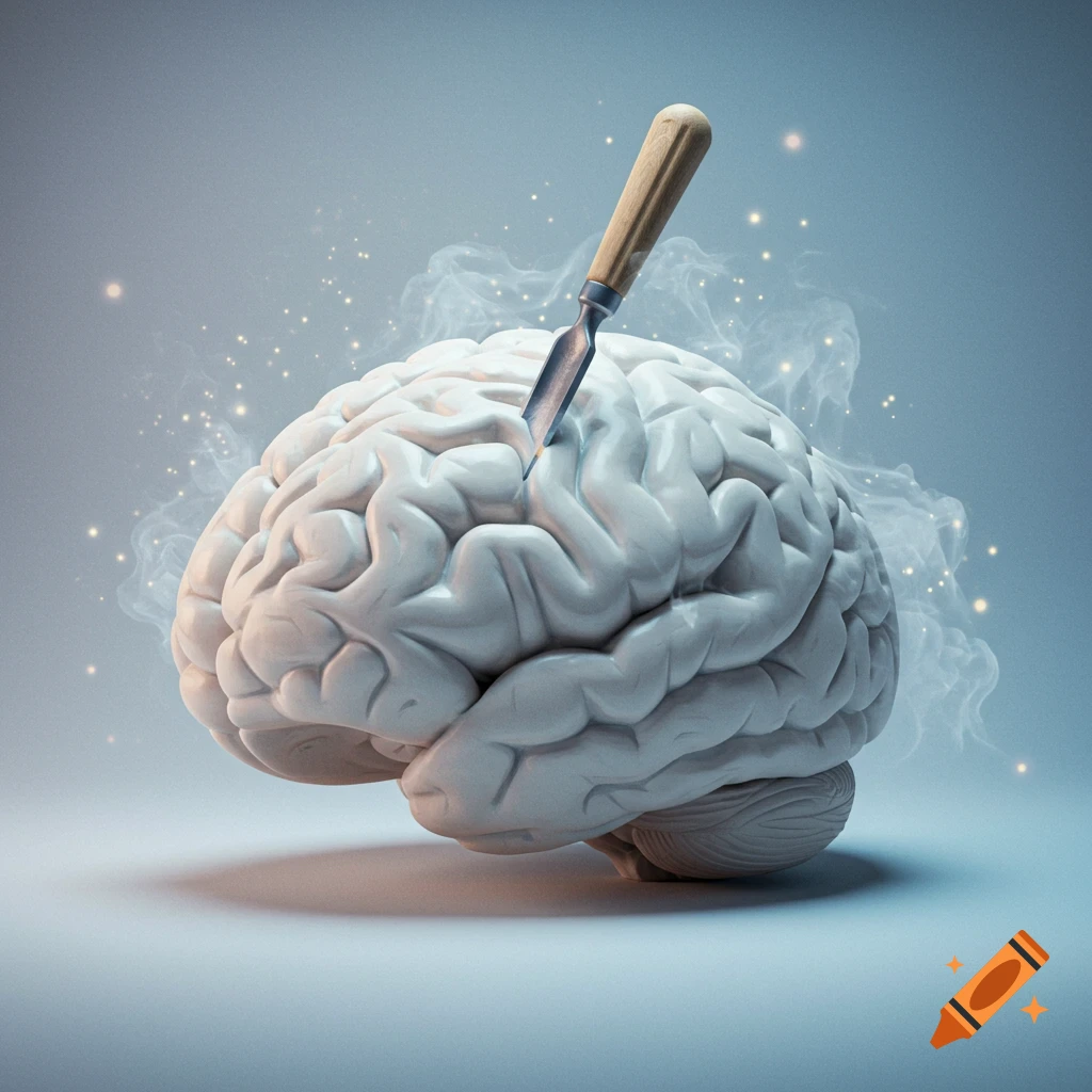 A white, anatomically correct human brain with a chisel plunged into its top, emitting smoke and glowing particles against a light blue background.