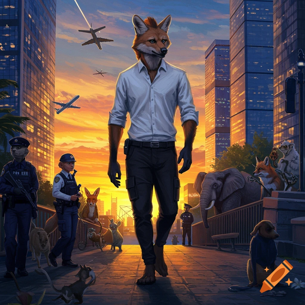 Anthropomorphic fox in a white shirt and black cargos walks through a city at sunset with police officers, other animals, and planes flying overhead.