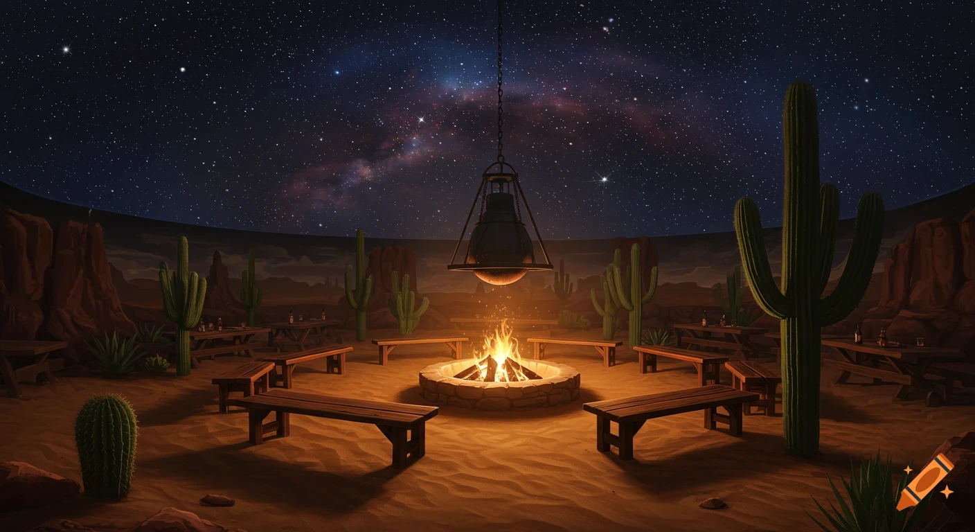 A desert-themed restaurant interior at night with a large campfire, benches, cacti, and a starry sky projected on a dome.