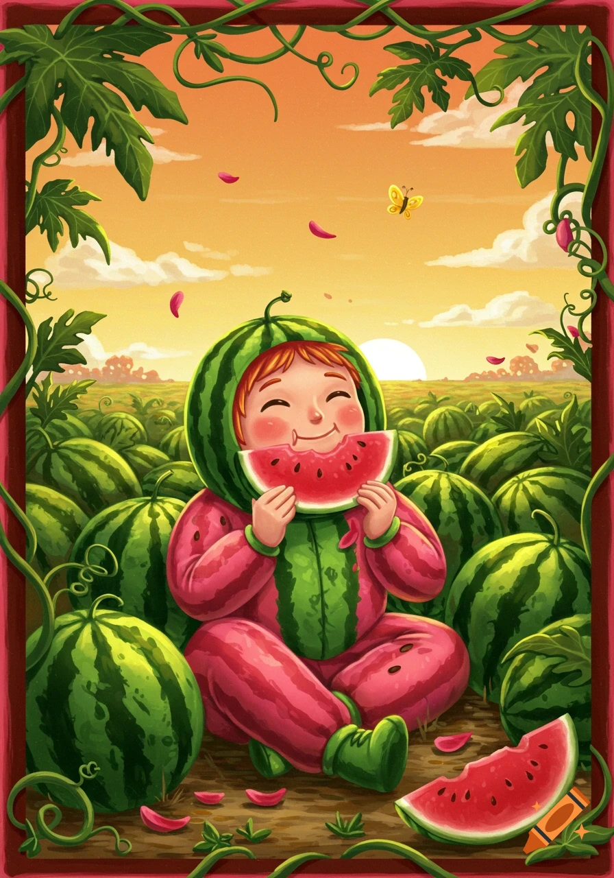 A happy child in a watermelon costume sits in a field of watermelons, eating a slice, in a vibrant illustration.