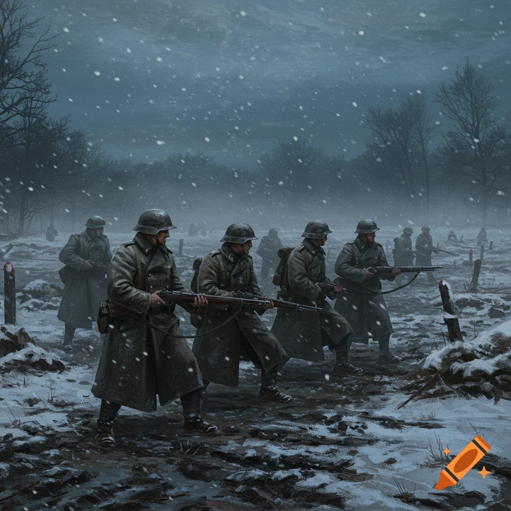 A snowy painting of soldiers in coats and helmets, carrying rifles, walking through a desolate, muddy, and snow-covered field under a dark, stormy sky with falling snow.
