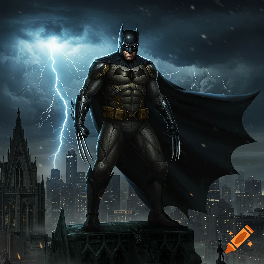 A Wolverine Batman hybrid stands on a gothic rooftop, overlooking a dark city skyline with lightning striking in the stormy sky.