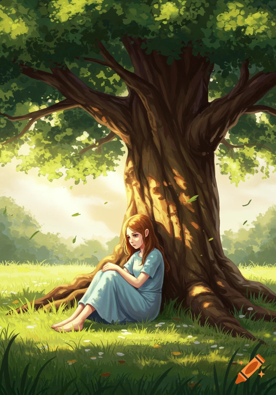 A sad girl with long brown hair, wearing a light blue dress, sits alone against the trunk of a large, leafy tree in a sunny, green field. Digital art style.
