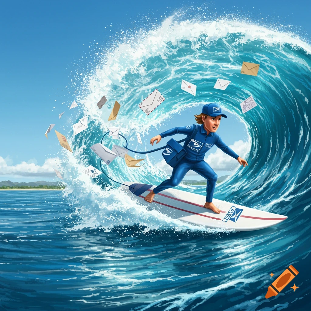 A cartoon mail carrier surfs a large ocean wave, with letters flying around, under a bright blue sky.