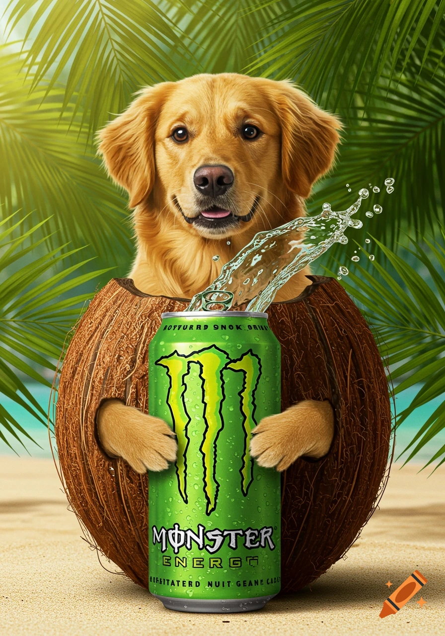 A photorealistic golden retriever in a coconut holds a green Monster Energy drink can with water splashing out, against a tropical beach background.